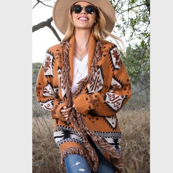 Haute Ellie Sweaters - Rust Aztec Fringe Detail Cardigan Sweater